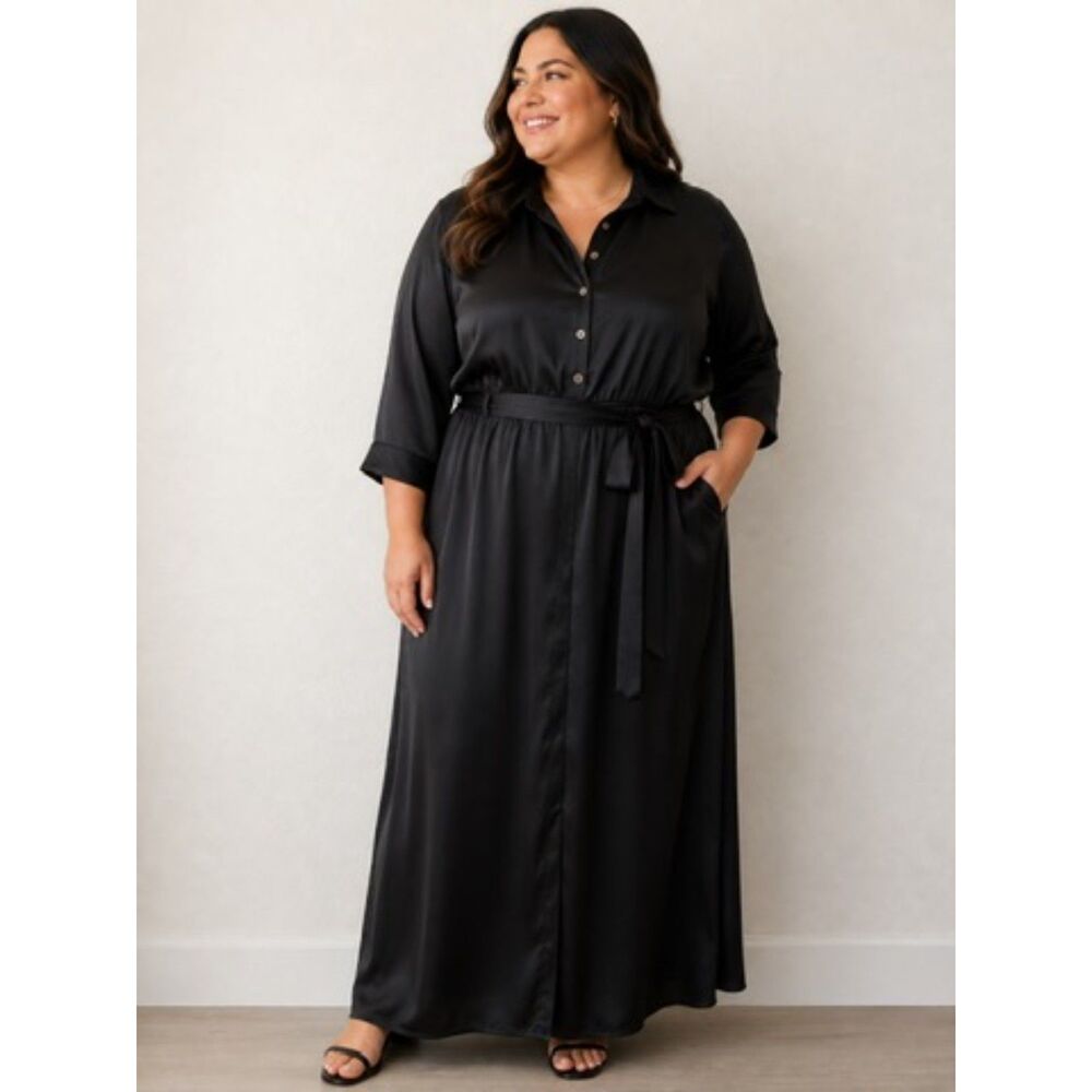 NWT Aakaa Button Down Black Maxi Shirt Dress Size XXL